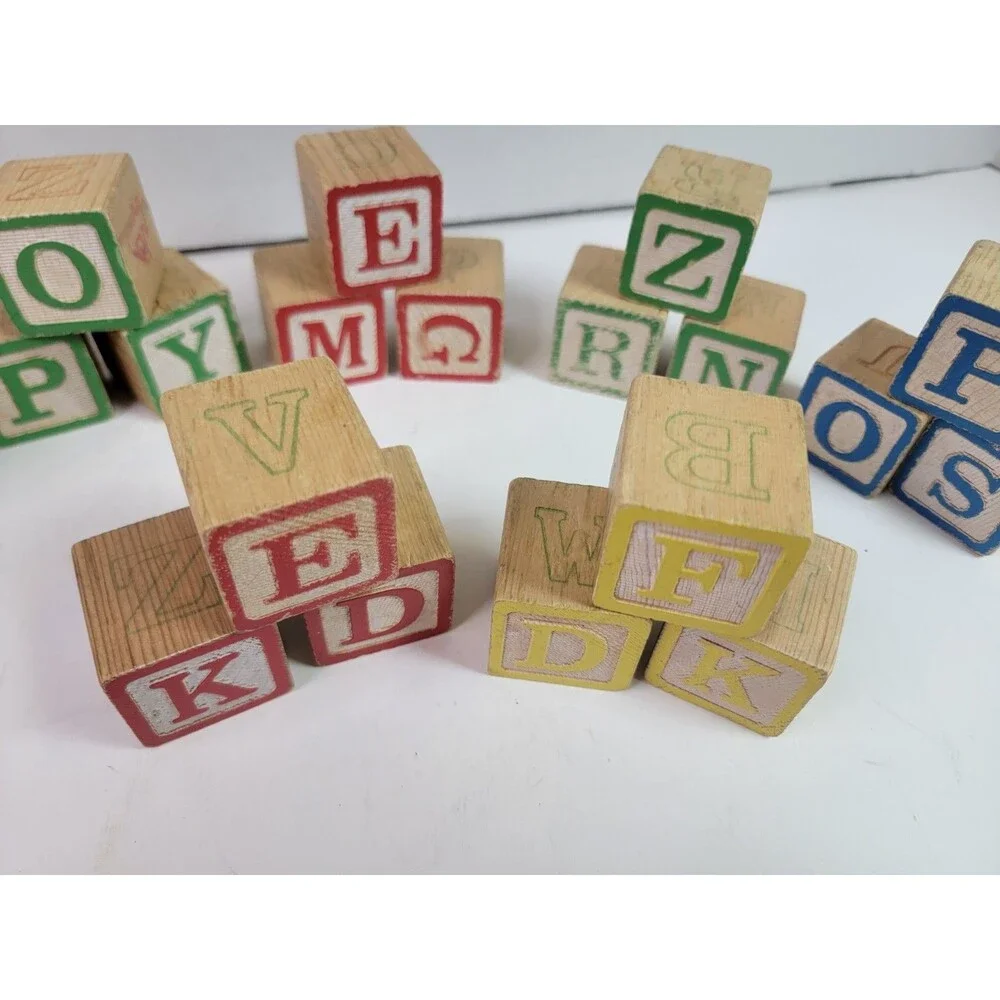 Wooden Alphabet ABC Blocks Vintage Style Colored Letter Learning Toy Lot